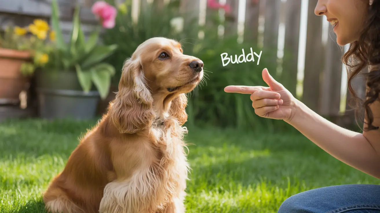 Golden-colored Cocker Spaniel sitting attentively while a person points and gestures towards the dog