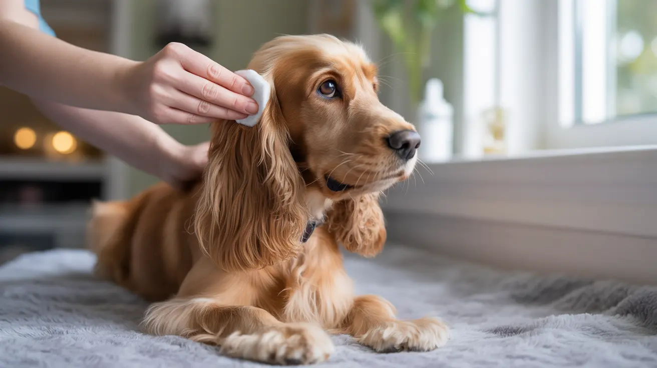 A golden-colored Cocker Spaniel receiving ear cleaning at home