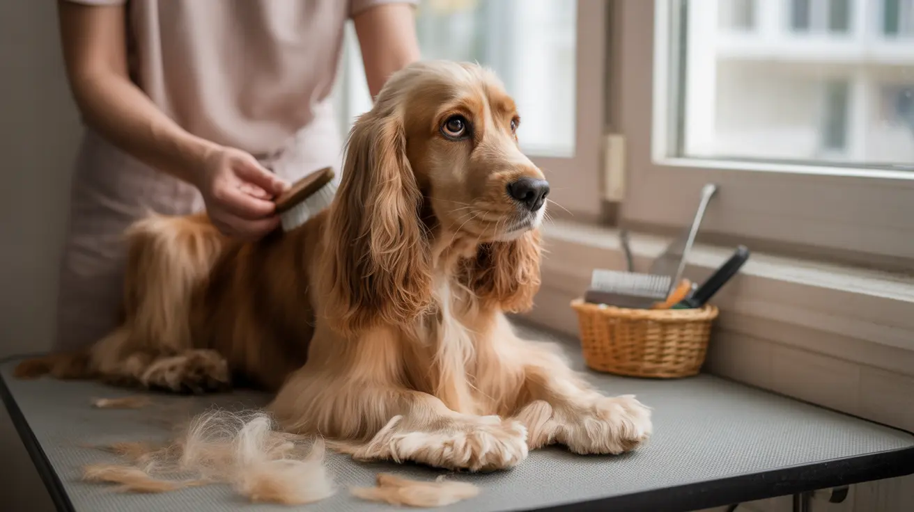 A golden Cocker Spaniel being groomed near a window with loose fur around it