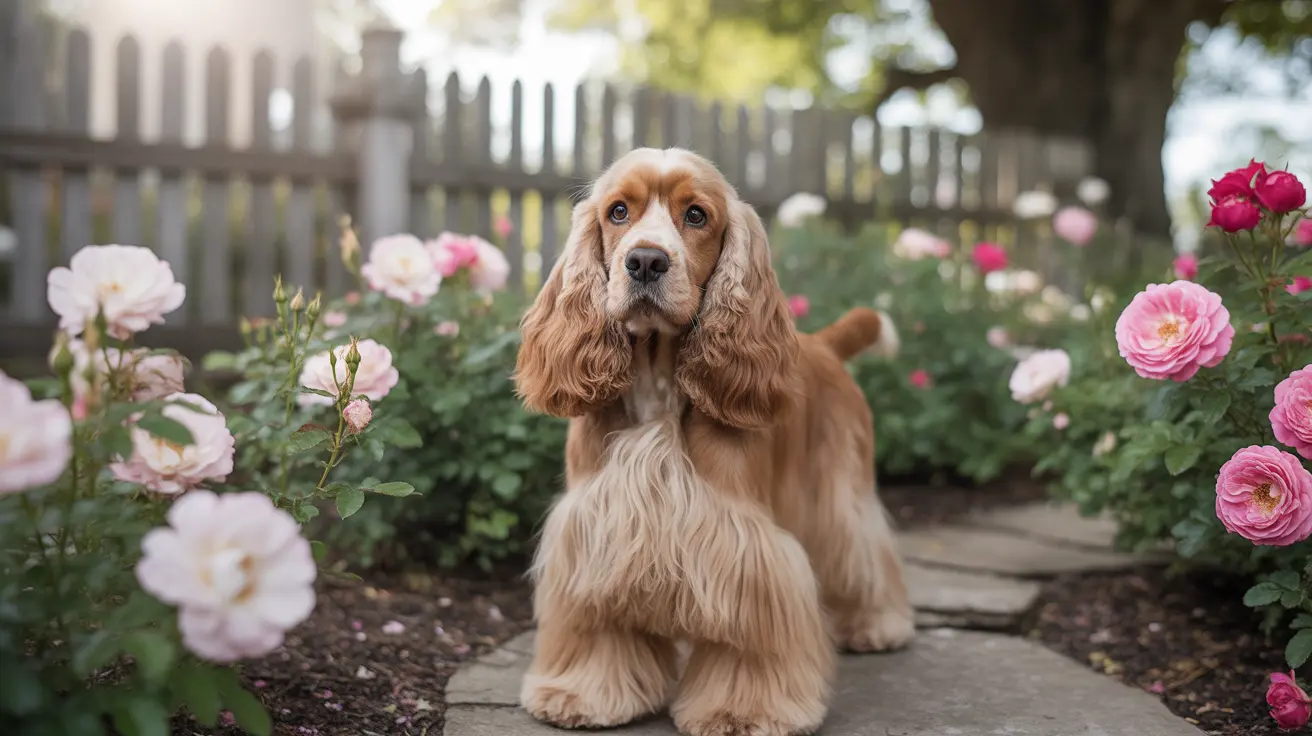 A golden-colored Cocker Spaniel sitting attentively in a lush rose garden with a wooden fence in the background.