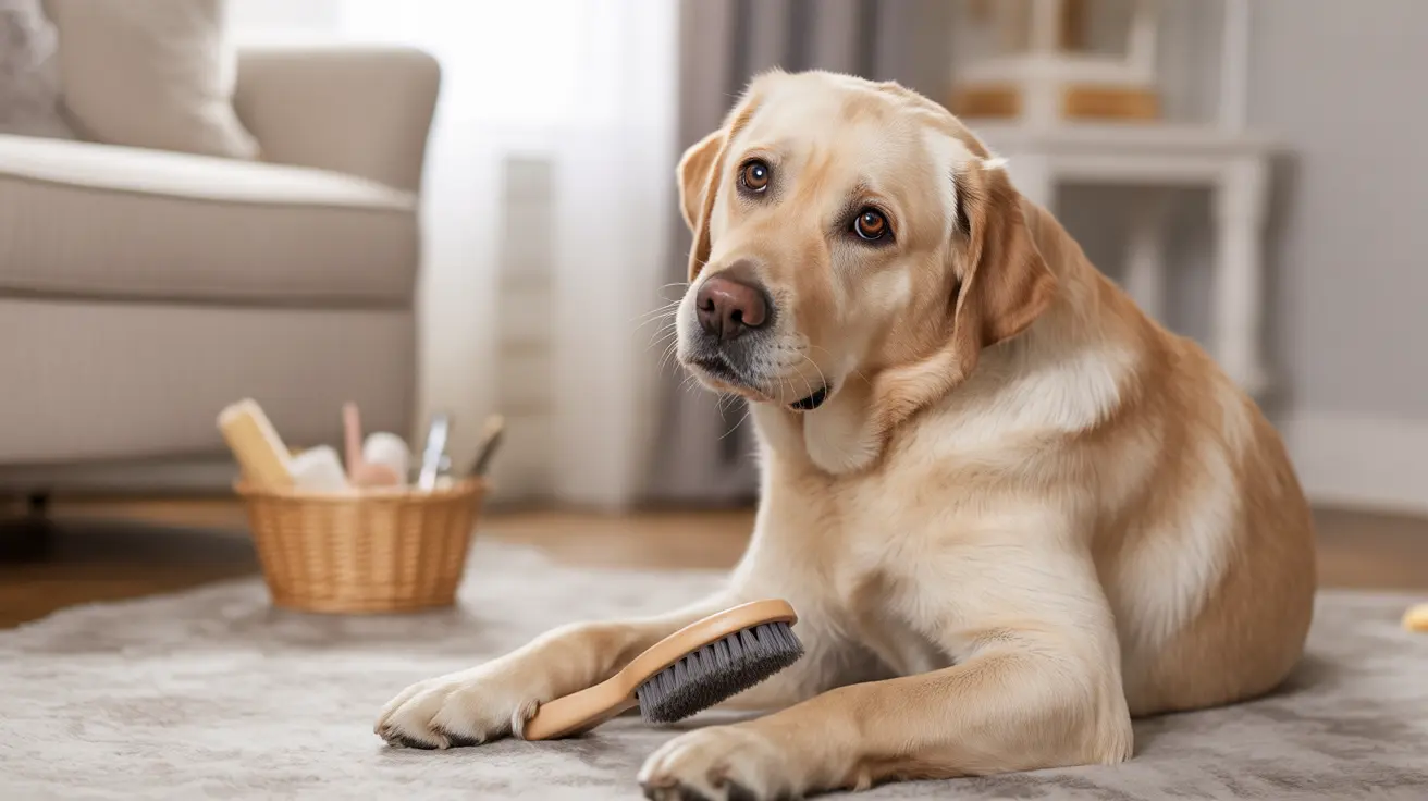 A golden-colored Labrador Retriever sitting calmly on a soft carpet with a grooming brush nearby.