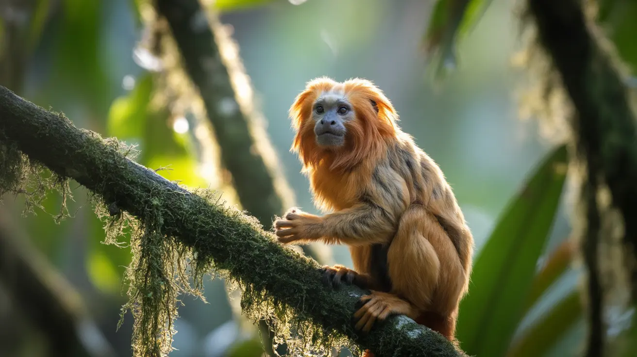 Golden lion tamarin perched on a tree branch in the Atlantic Forest