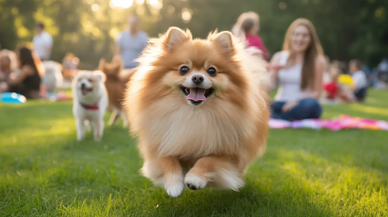 A fluffy, golden-colored Pomeranian running and playing in a grassy park with a joyful expression