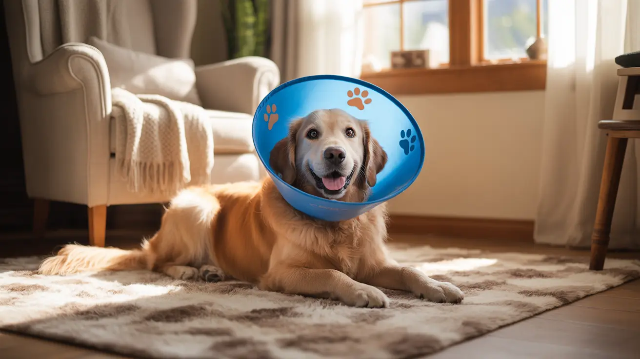 A Golden Retriever wearing a blue recovery cone sitting comfortably on a beige rug in a living room