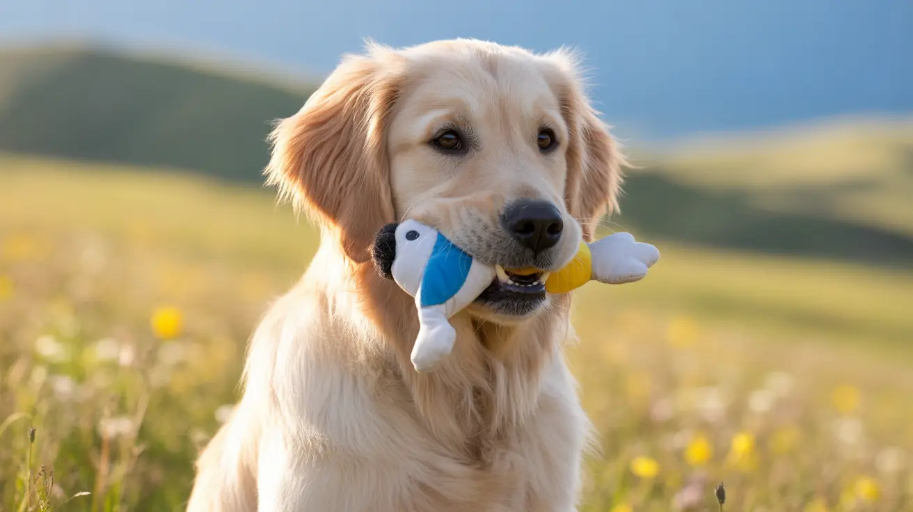A beautiful Golden Retriever holding a blue and white plush toy in its mouth while standing in a sunny field with yellow wildflowers.