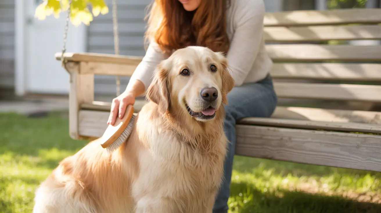 Golden Retriever being brushed by a person on a wooden bench in a backyard setting