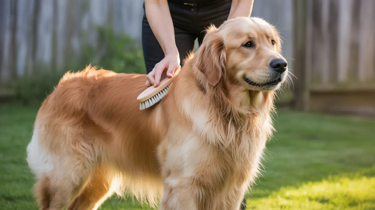 A Golden Retriever being brushed in a backyard setting