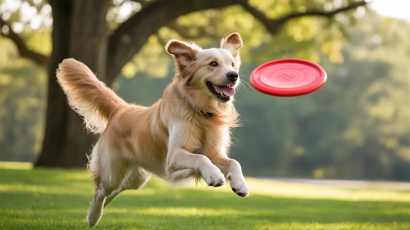 Golden Retriever leaping mid-air to catch a red flying disc in a sunlit park