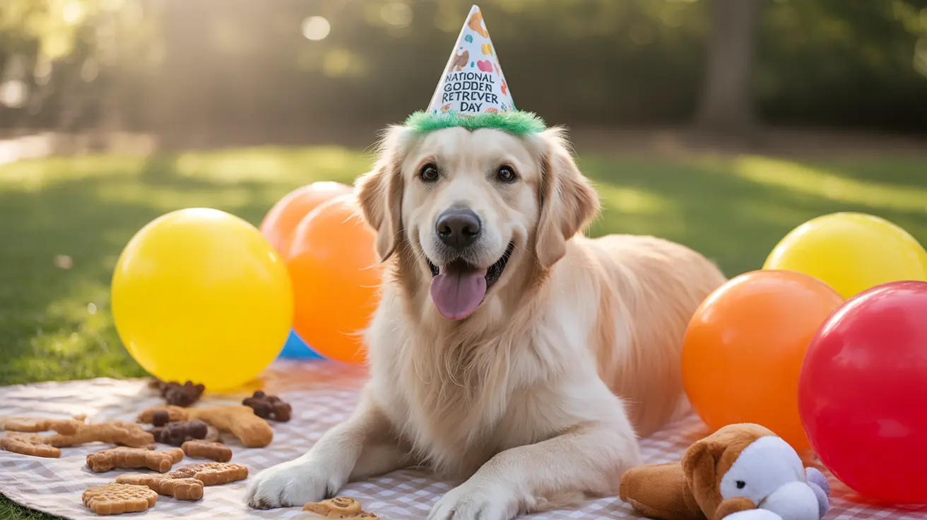 A Golden Retriever celebrating National Golden Retriever Day with a festive party hat, surrounded by colorful balloons and dog treats
