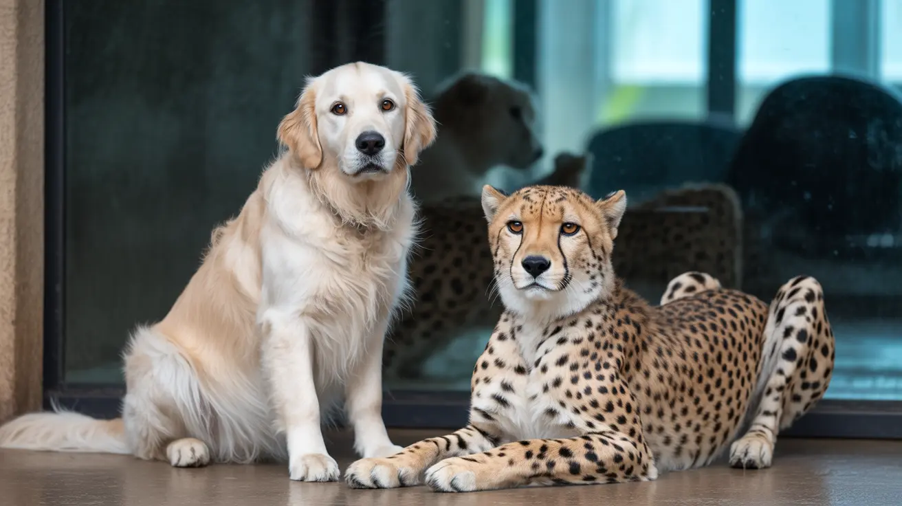 A Golden Retriever sitting next to a cheetah, both looking calm and posed together indoors