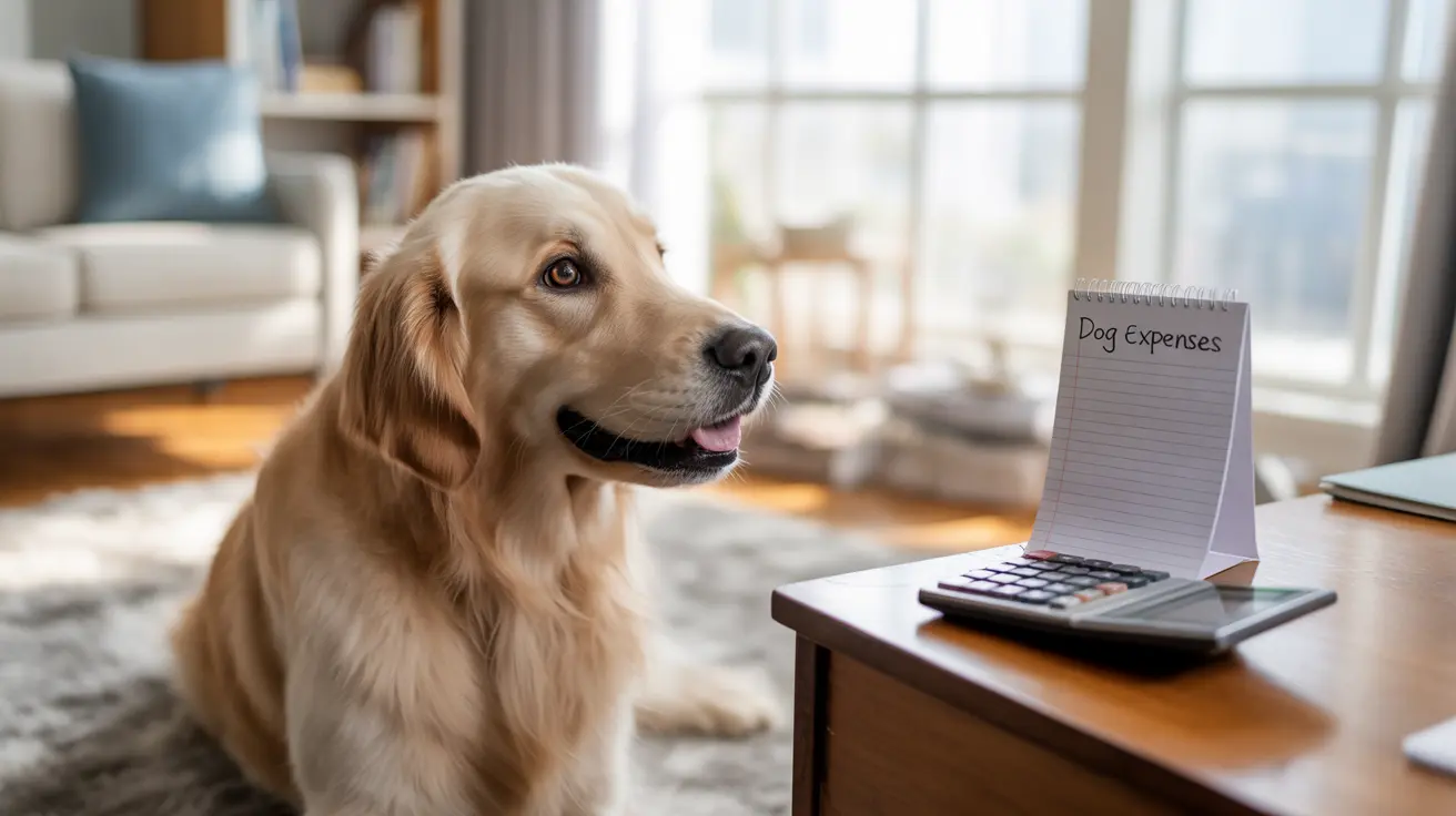 Un golden retriever sentado junto a una calculadora y un bloc de notas con la etiqueta 'Gastos del Perro'.