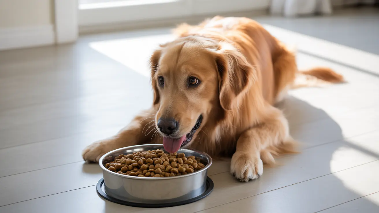 A young Golden Retriever lying next to a full bowl of dog food with its tongue out.