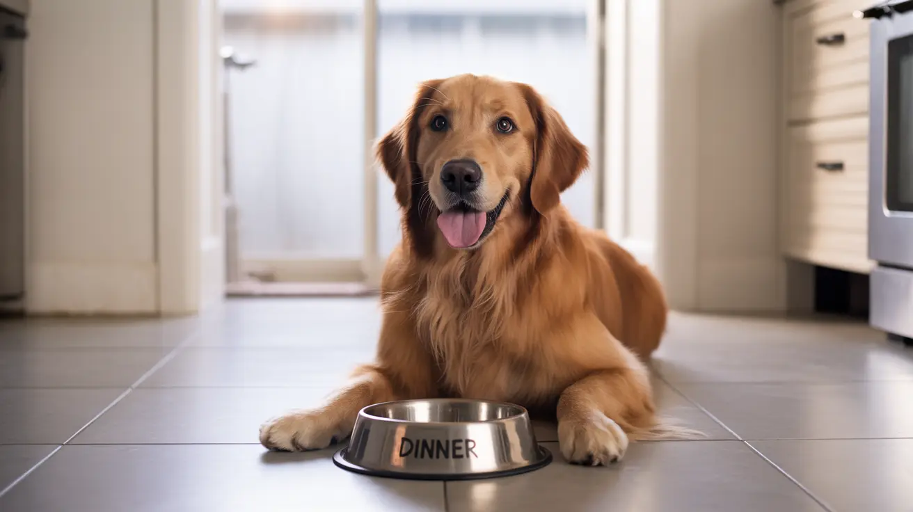 A happy Golden Retriever sitting next to a 'Dinner' labeled food bowl in a kitchen setting.