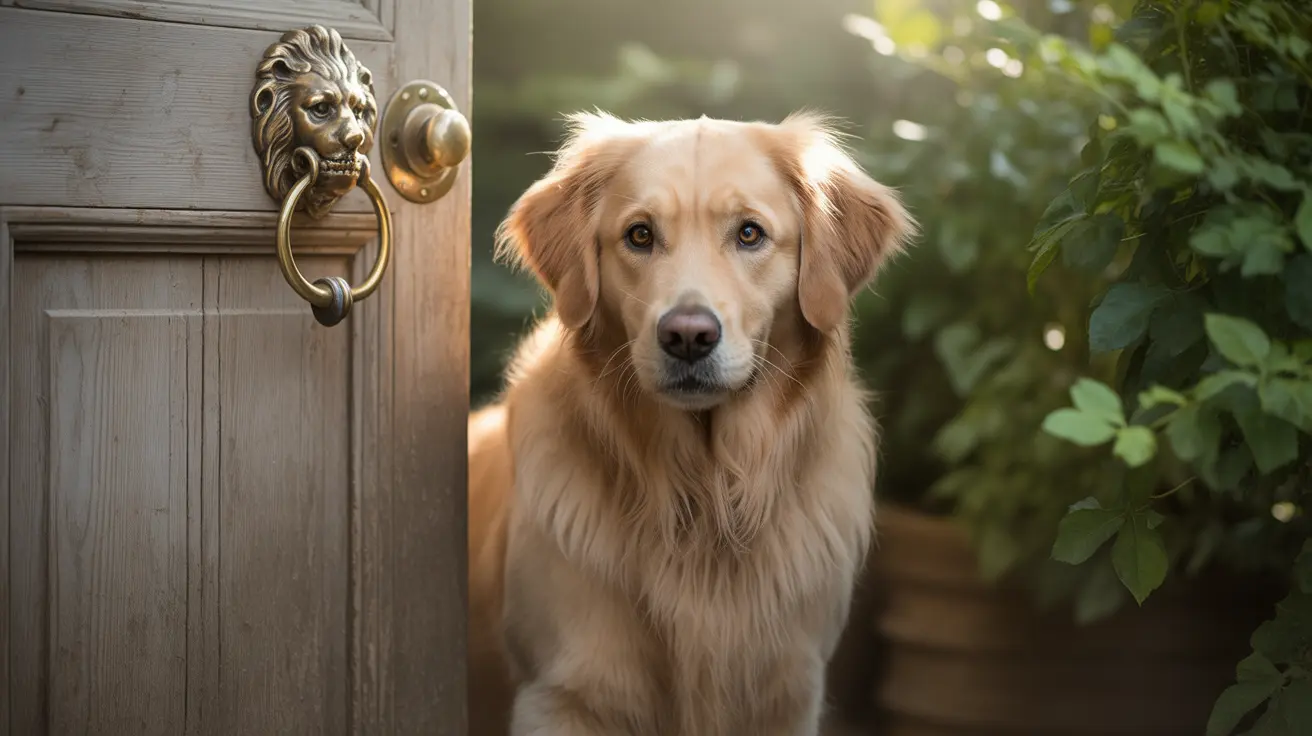 A Golden Retriever standing next to an ornate wooden door with a lion-head door knocker