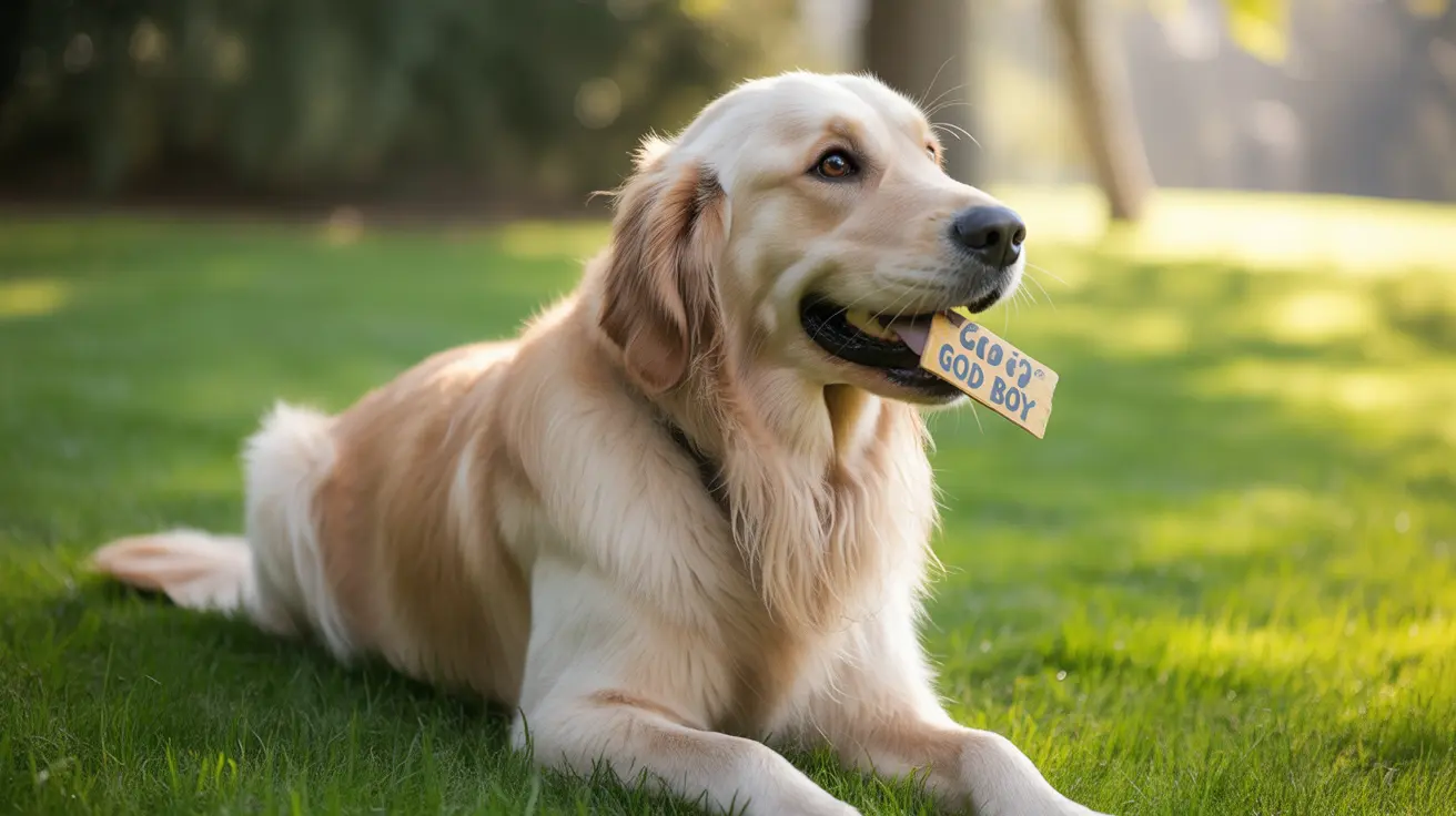Golden Retriever sitting on grassy lawn with a 'Good Boy' tag in its mouth in soft sunlight