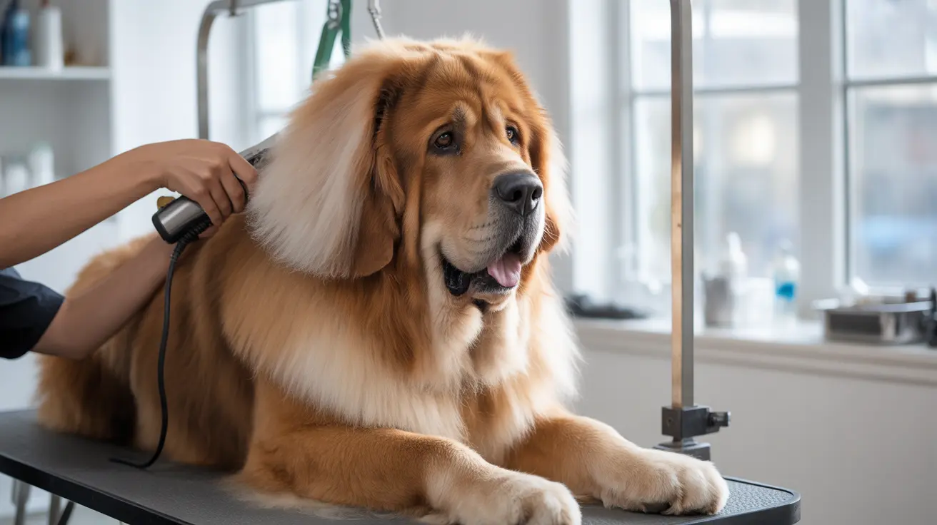 A fluffy Golden Retriever being groomed on a professional grooming table with a hair dryer