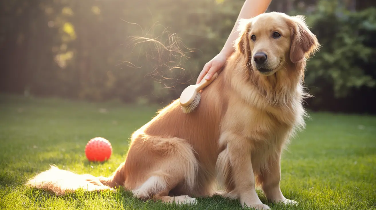 Golden Retriever being groomed with a brush outdoors on a sunny day in a grassy backyard