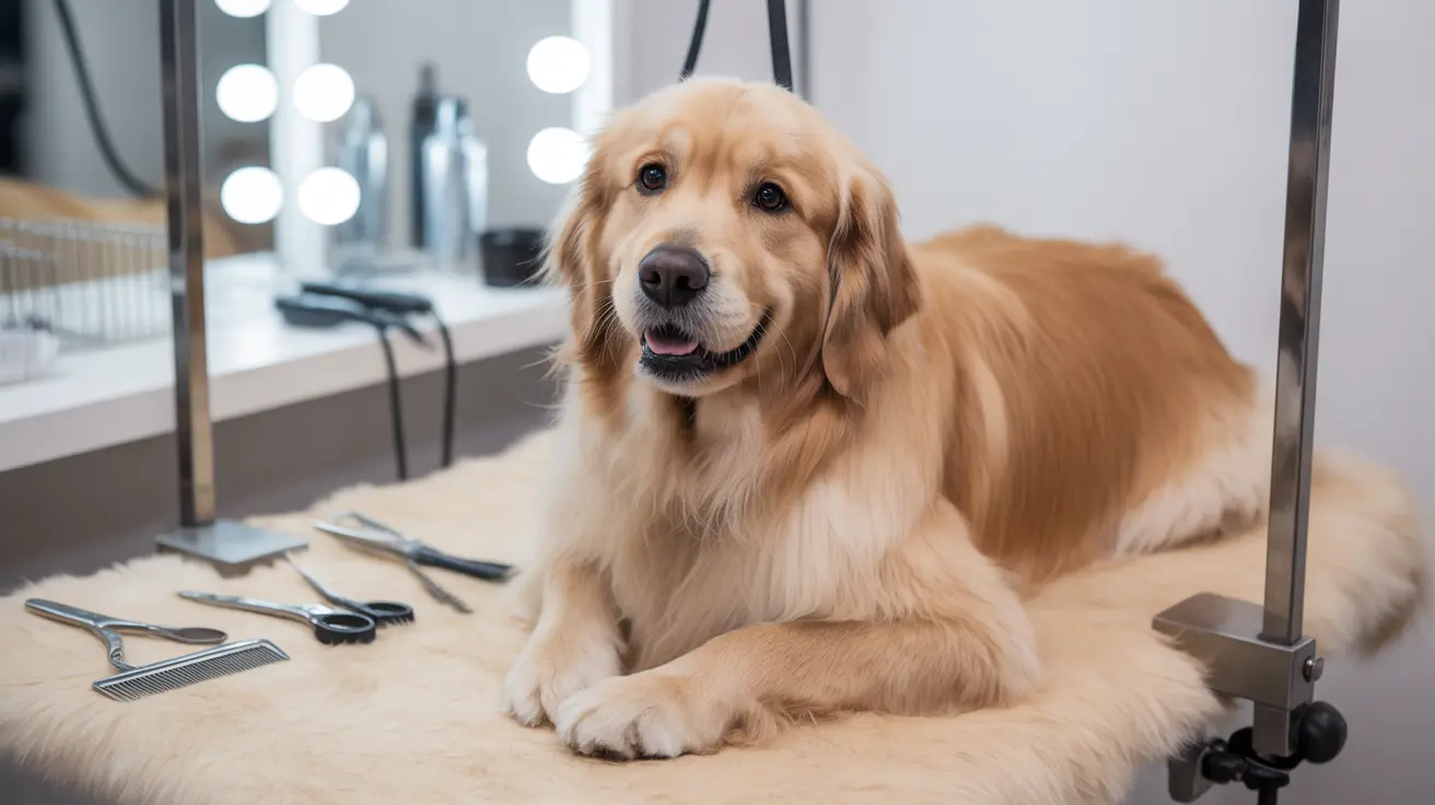 A Golden Retriever sitting calmly on a grooming table with professional grooming tools nearby.