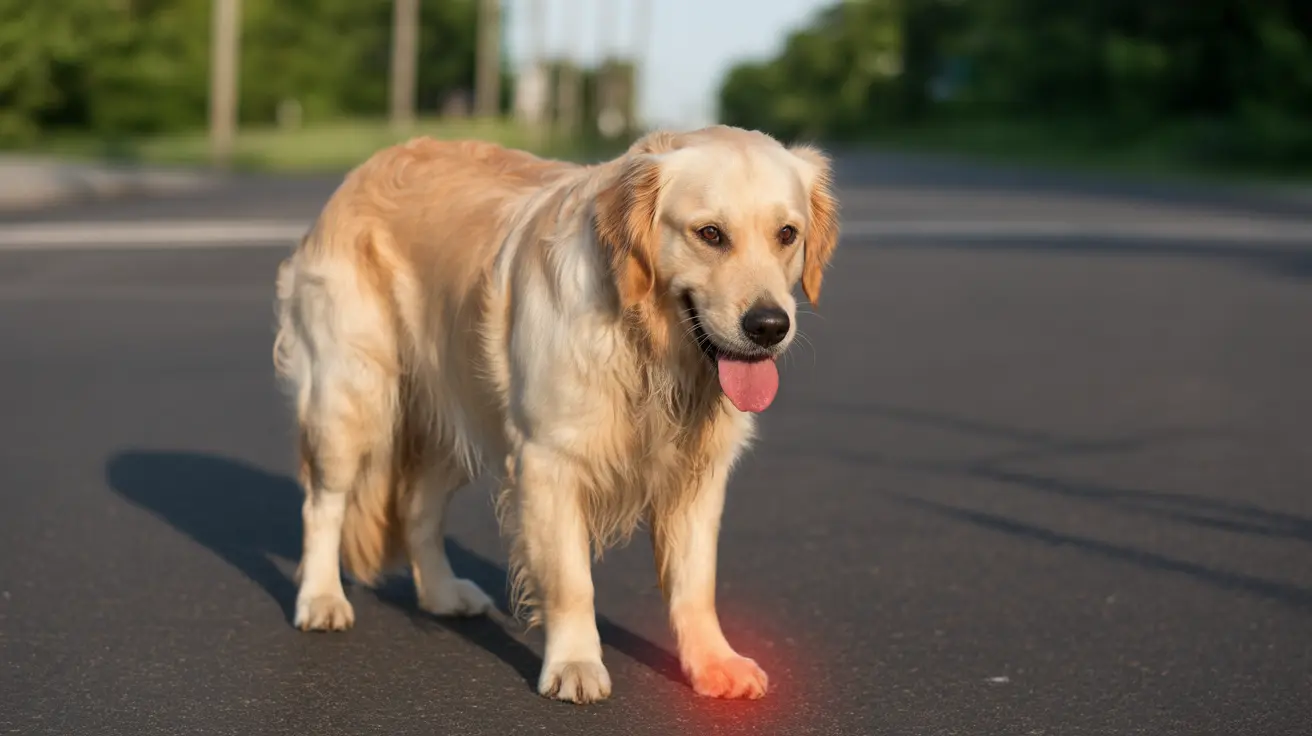 Golden Retriever standing happily on a paved road with tongue out