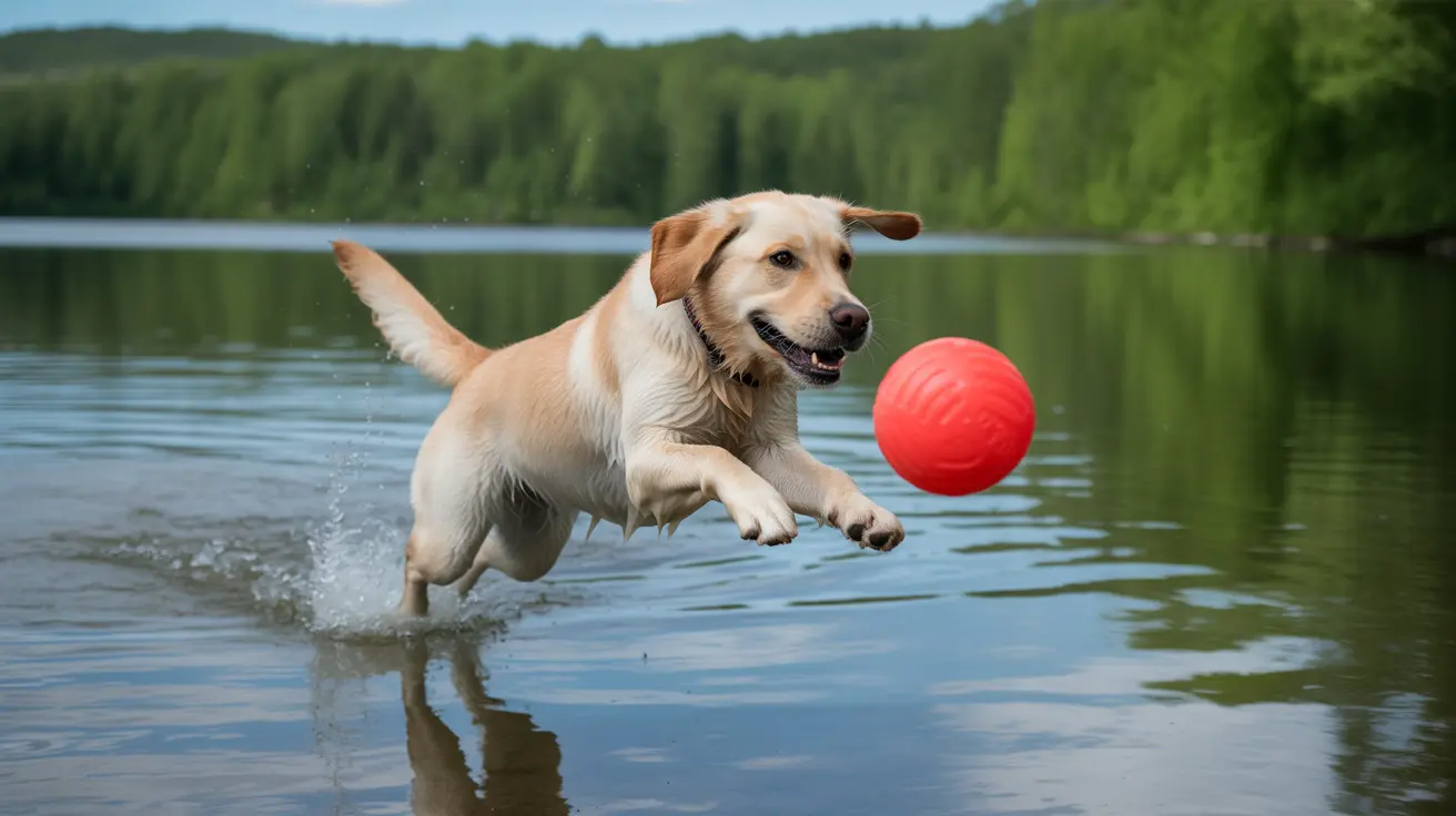 A Golden Retriever leaping mid-air to catch a bright red ball while splashing through a calm forest lake