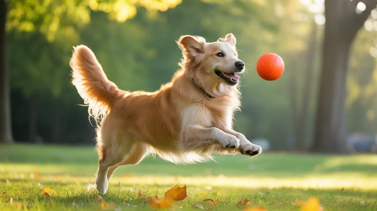 Happy Golden Retriever jumping to catch a bright red ball in a sunlit park