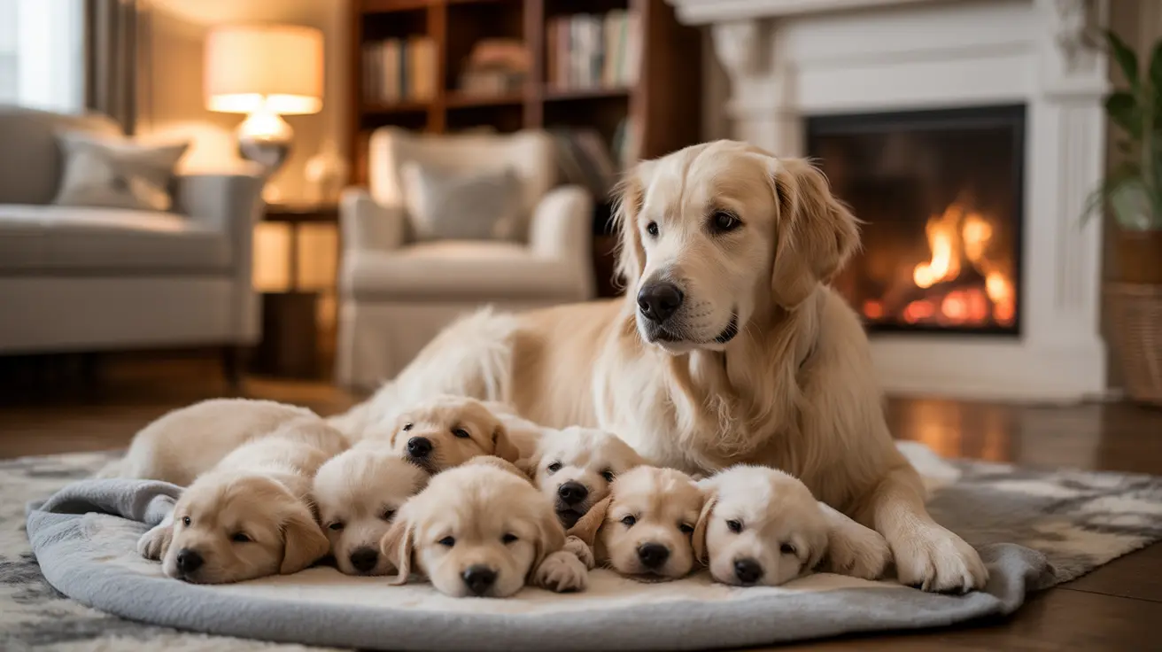 A mother Golden Retriever with her litter of puppies on a soft blanket by a fireplace