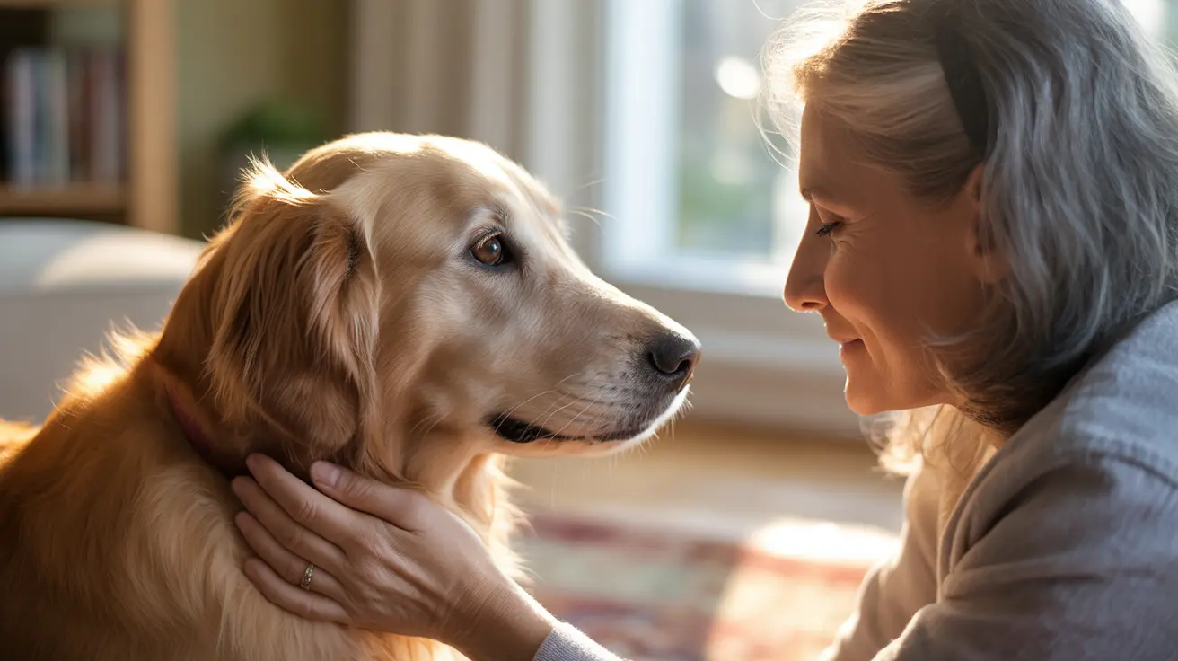 A Golden Retriever and a person sharing an intimate, loving moment together indoors