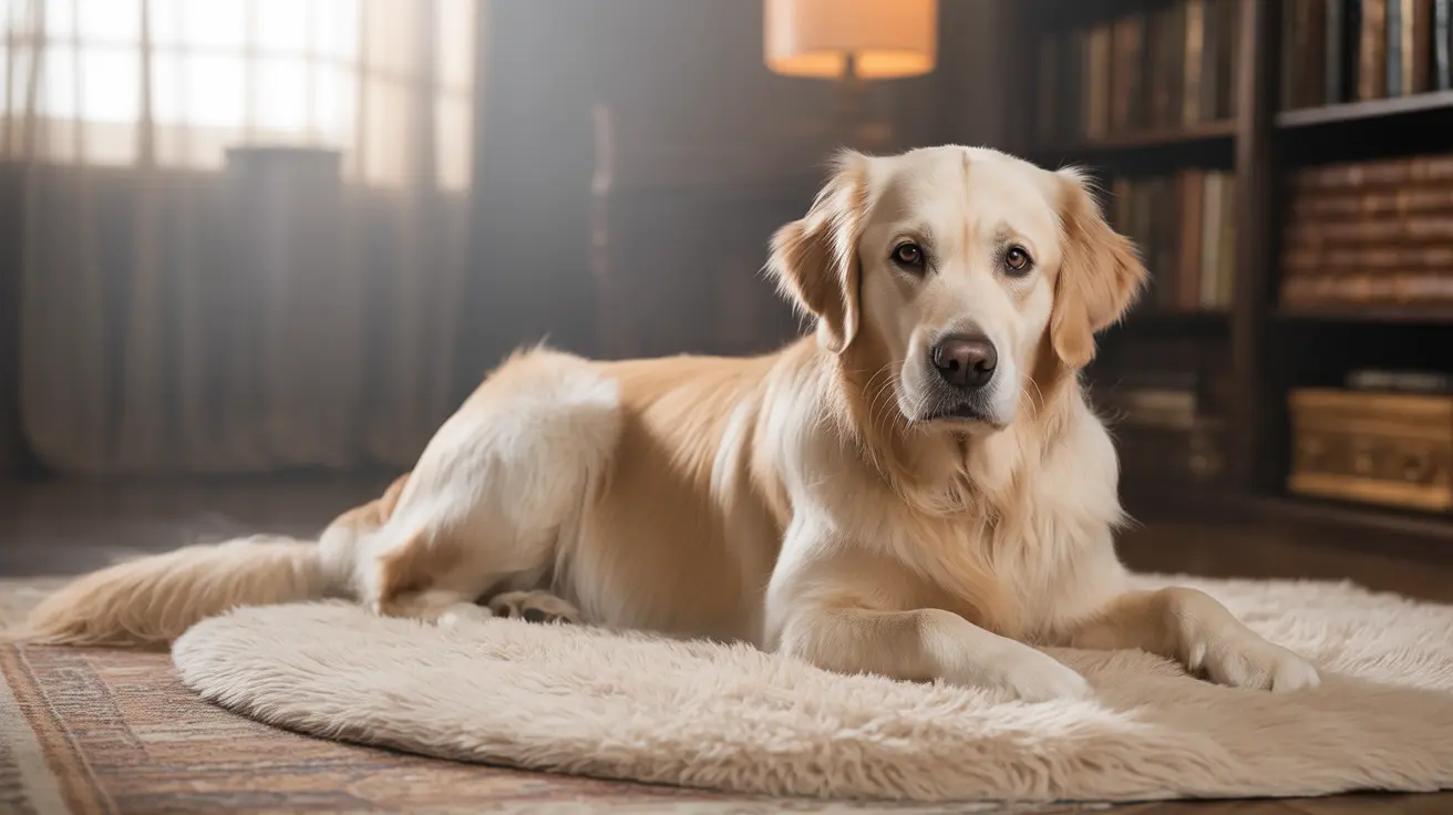 Golden Retriever lying peacefully on a fluffy rug in a cozy indoor living space