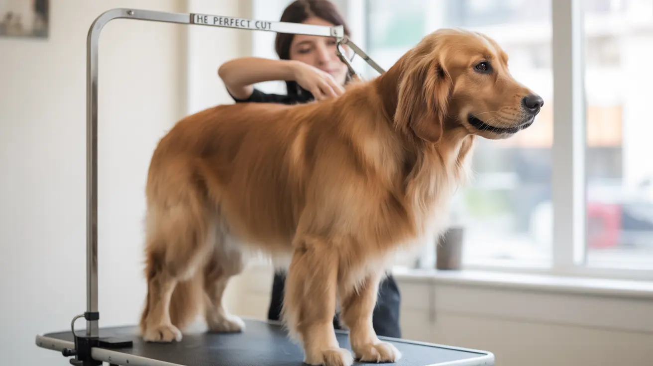 A Golden Retriever being professionally groomed on a raised grooming table