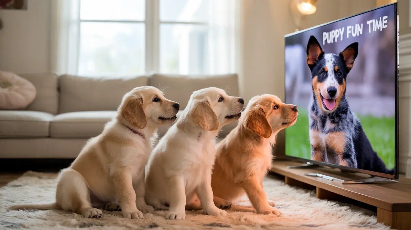 Golden Retriever puppies attentively watching Bluey on the television screen