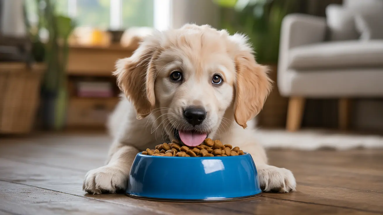 Golden Retriever puppy sitting behind a blue food bowl filled with kibble on wooden floor