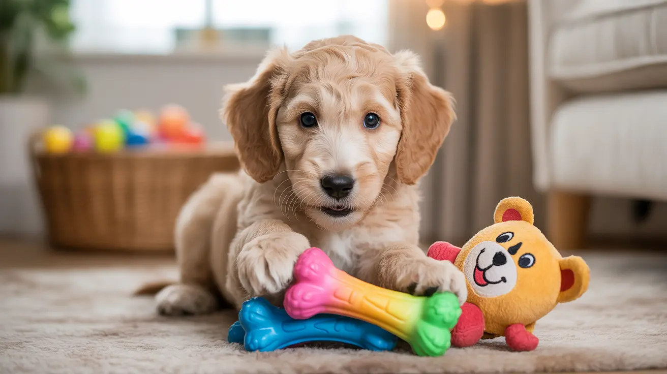 カーペットの上でカラフルなおもちゃを使って遊ぶ若いゴールデン・レトリバーの子犬