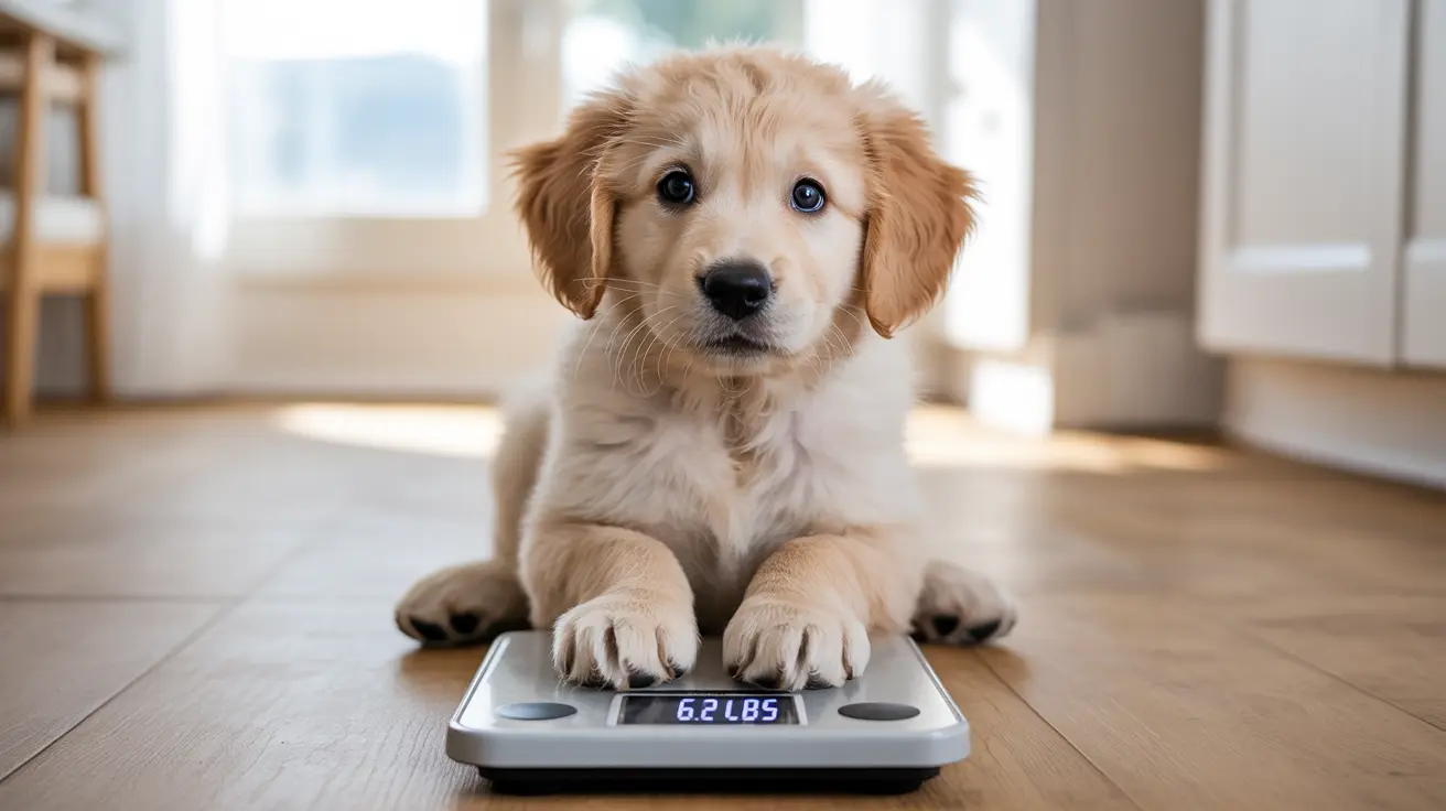 A young Golden Retriever puppy sitting on a digital scale, looking directly at the camera with a curious expression