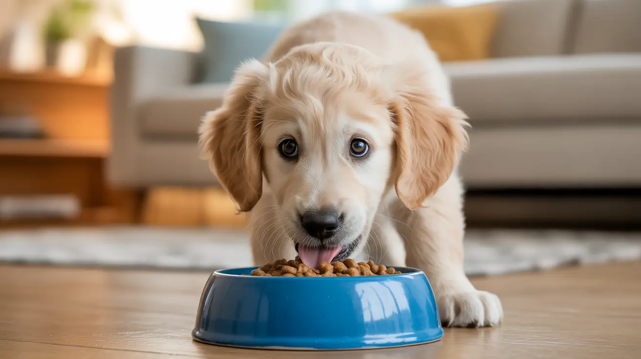 A young Golden Retriever puppy eating kibble from a blue food bowl