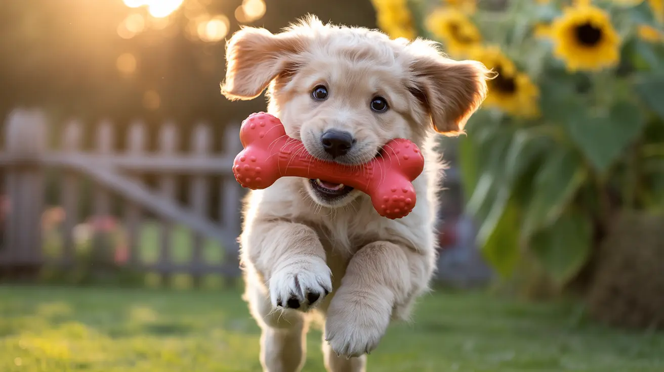 A playful Golden Retriever puppy leaping through a sunlit garden carrying a red bone-shaped chew toy