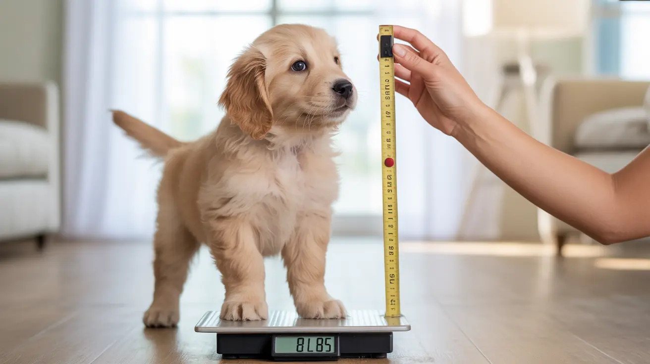 A young Golden Retriever puppy being measured for height and weight on a digital scale