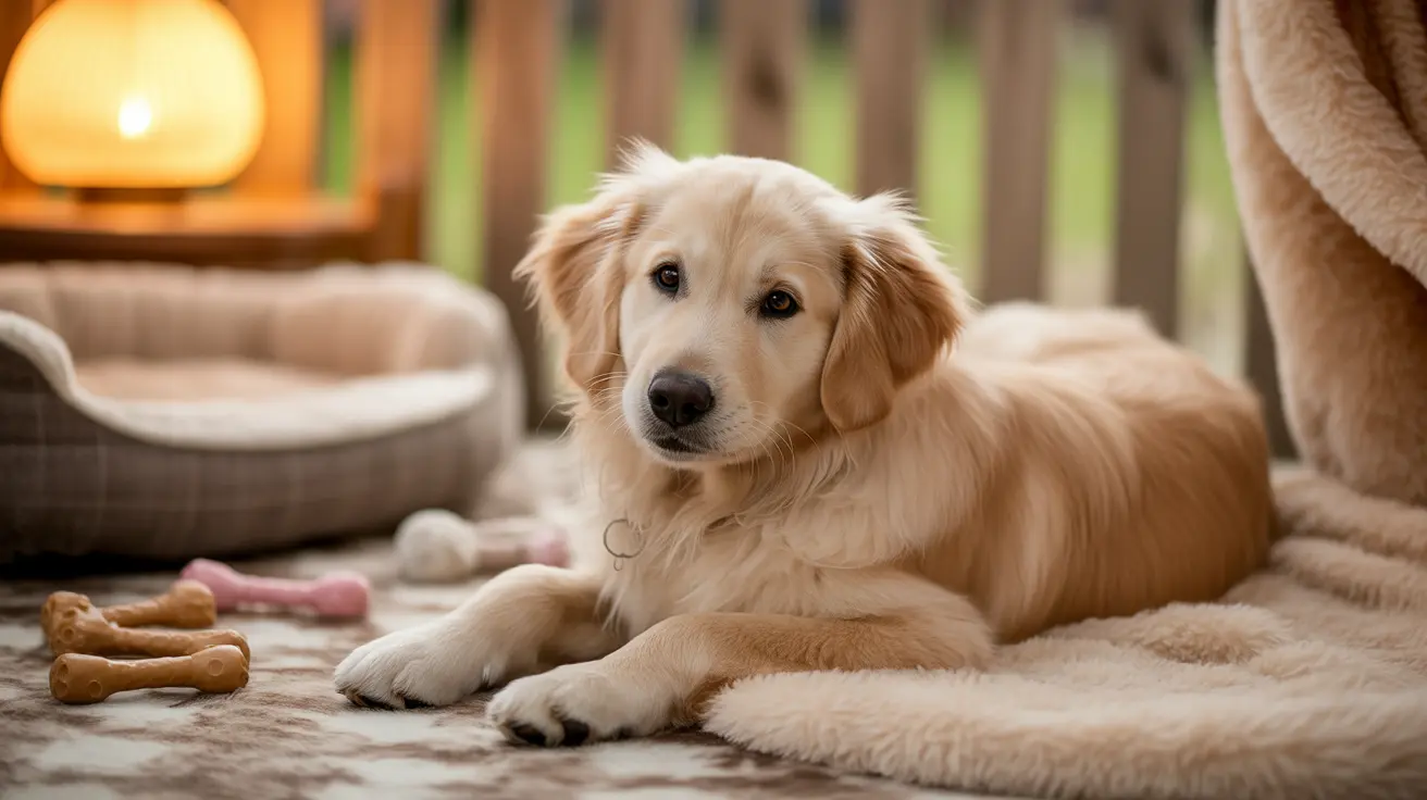 Un cachorro joven de golden retriever descansa sobre una manta beige suave cerca de una lámpara cálida y juguetes para perros.