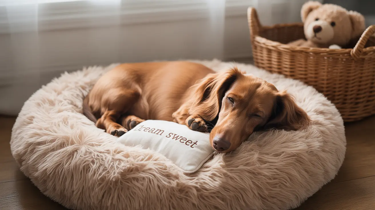 Golden Retriever puppy sleeping on a furry cream-colored dog bed with a 'dream sweet' pillow