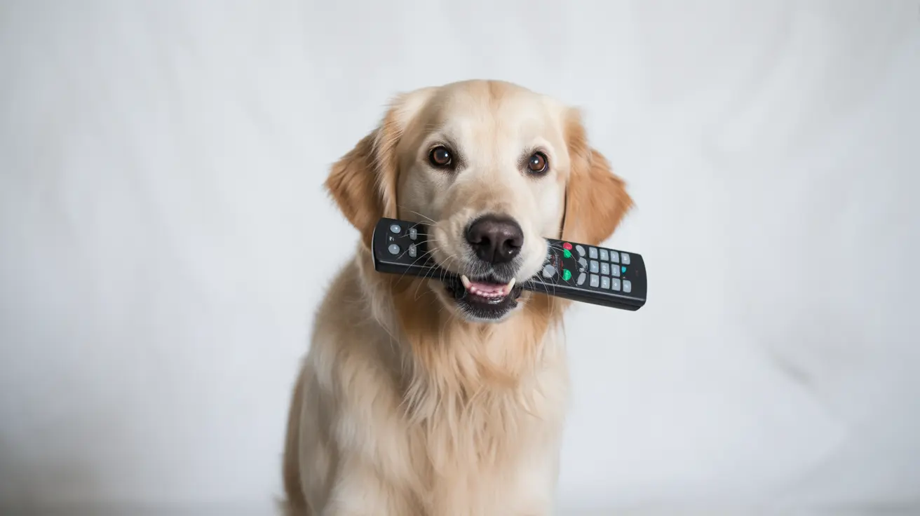 Golden retriever watching and attempting to interact with animals on a television screen