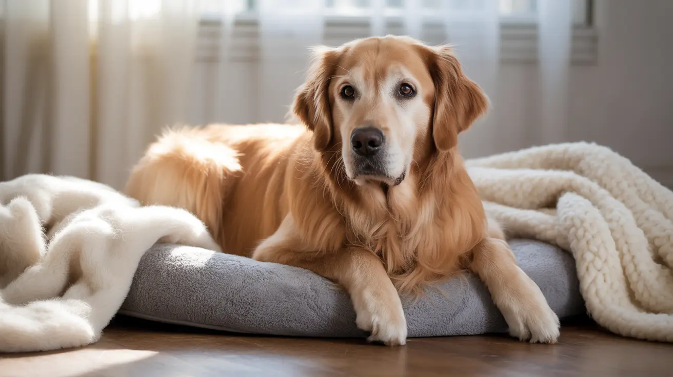 Golden Retriever resting on gray cushion with white blankets in bright indoor room