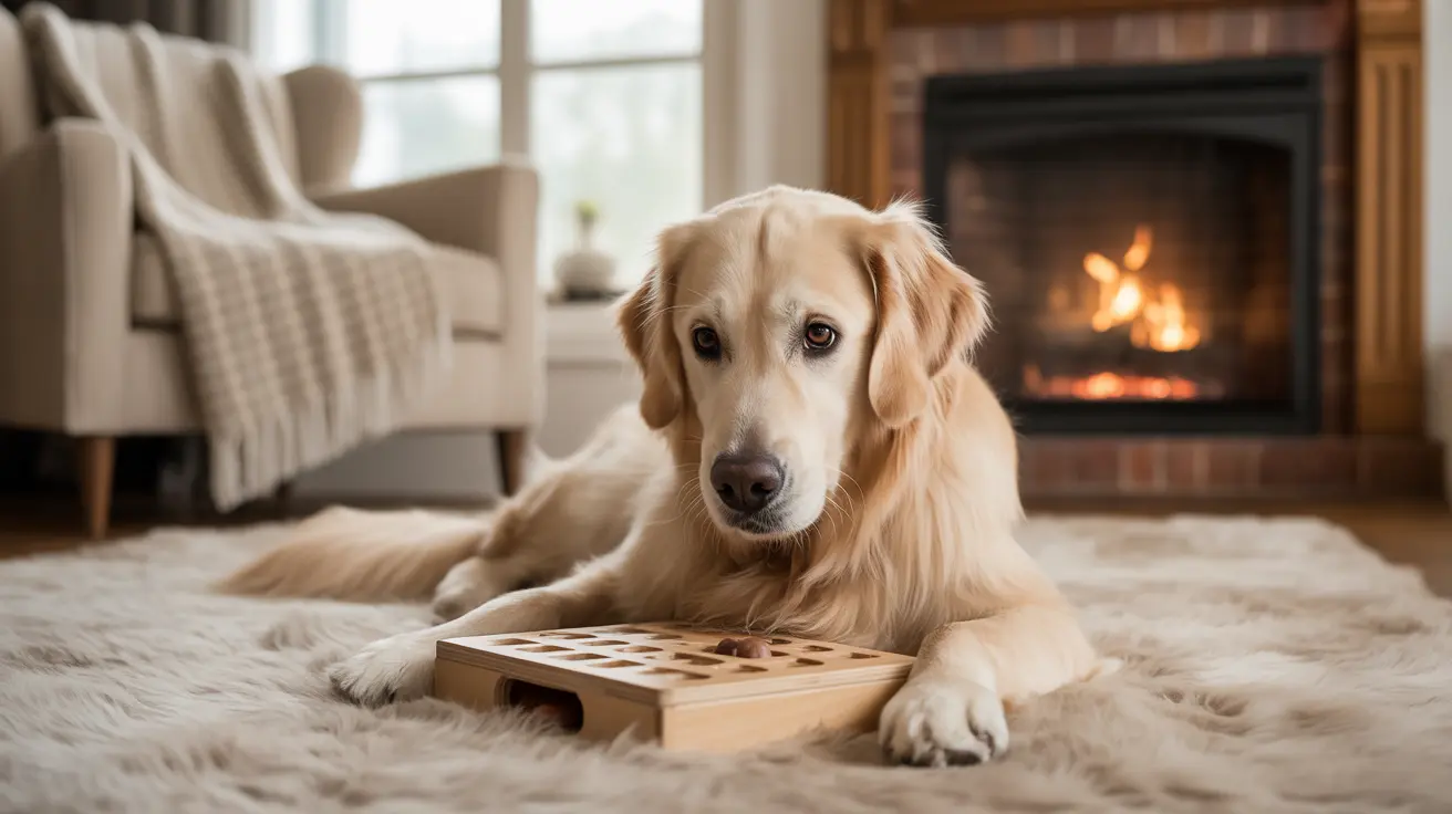 A serene Golden Retriever resting on a soft fur rug near a warm fireplace, with a wooden puzzle toy in front of it.