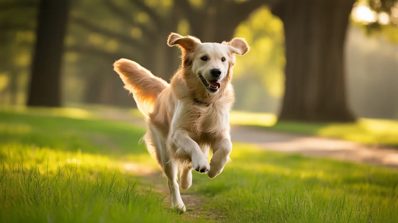 A happy Golden Retriever running enthusiastically through a sunlit park path