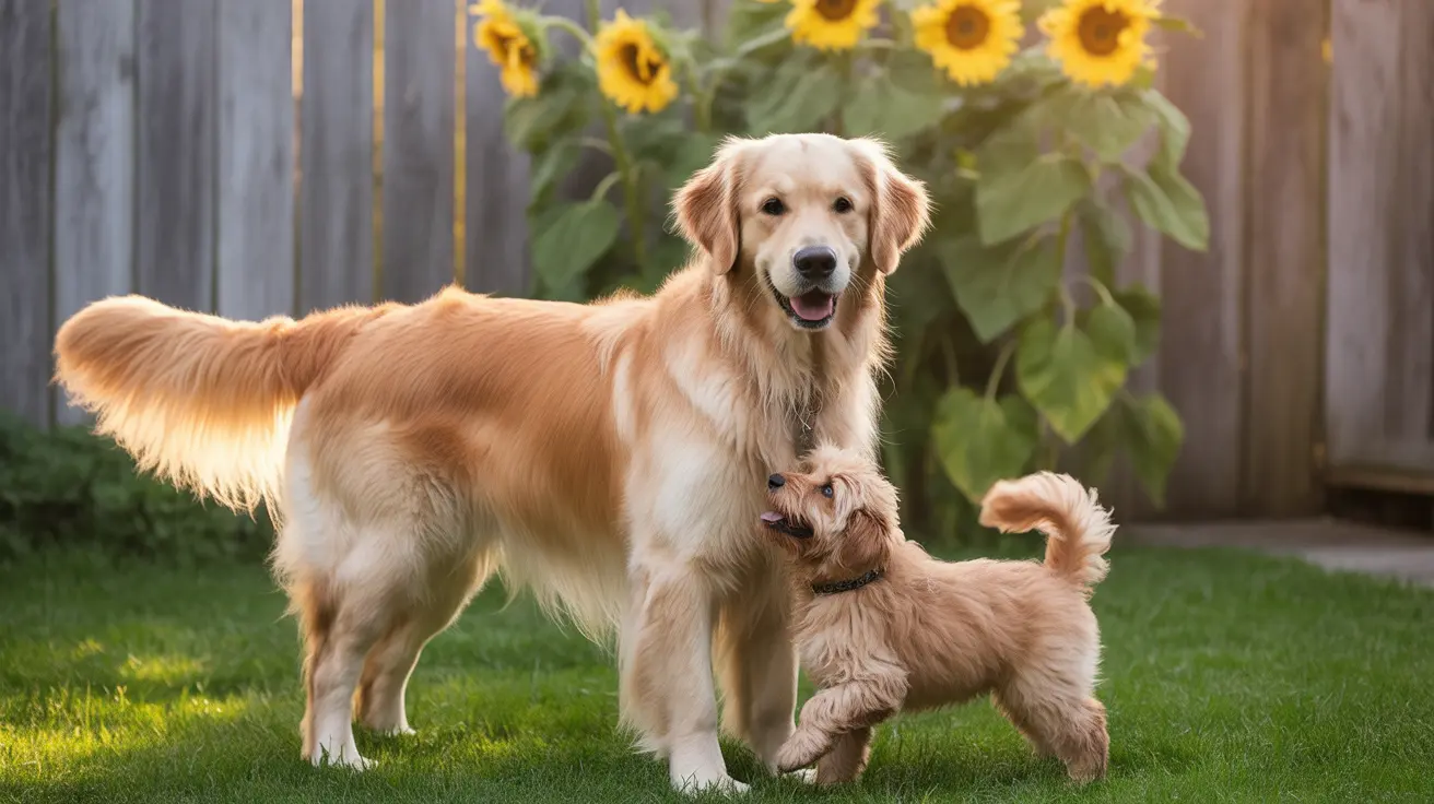 A Golden Retriever standing next to a smaller fluffy dog in a sunflower-lined backyard