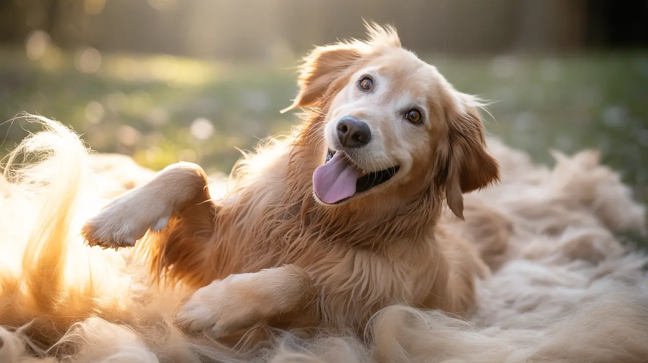Golden Retriever lying down with tongue out in golden sunlight