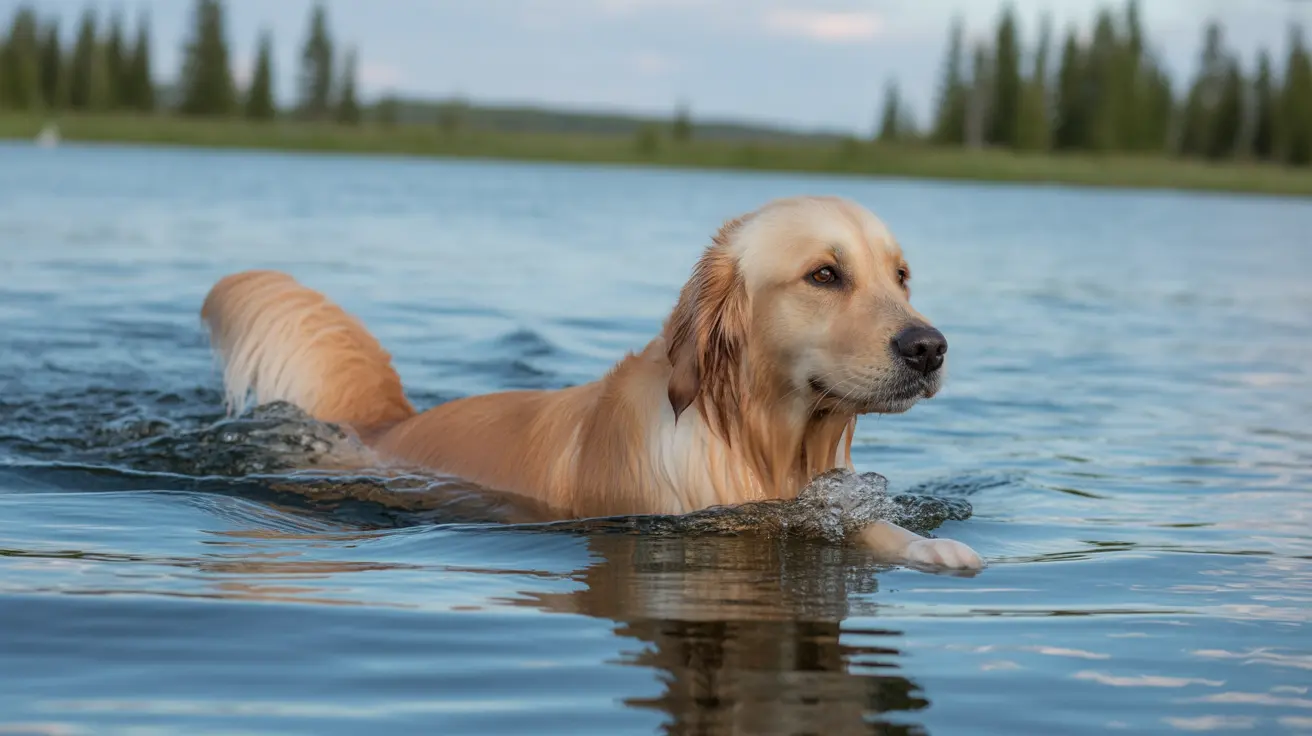 A Golden Retriever swimming calmly in a serene lake with pine trees in the background.