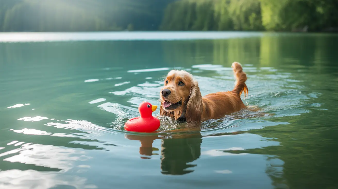 A Golden Retriever swimming in a tranquil lake with a bright red rubber duck toy nearby
