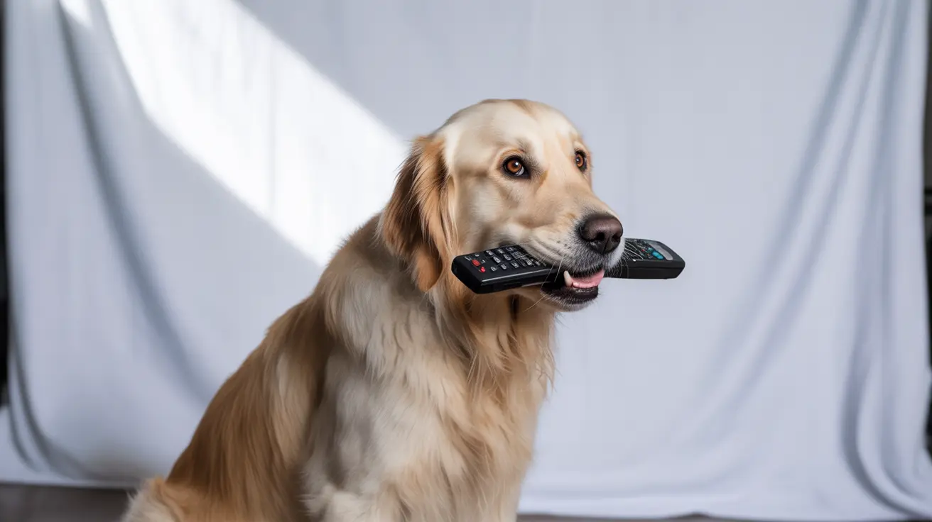 Golden Retriever intently watching animals on television screen