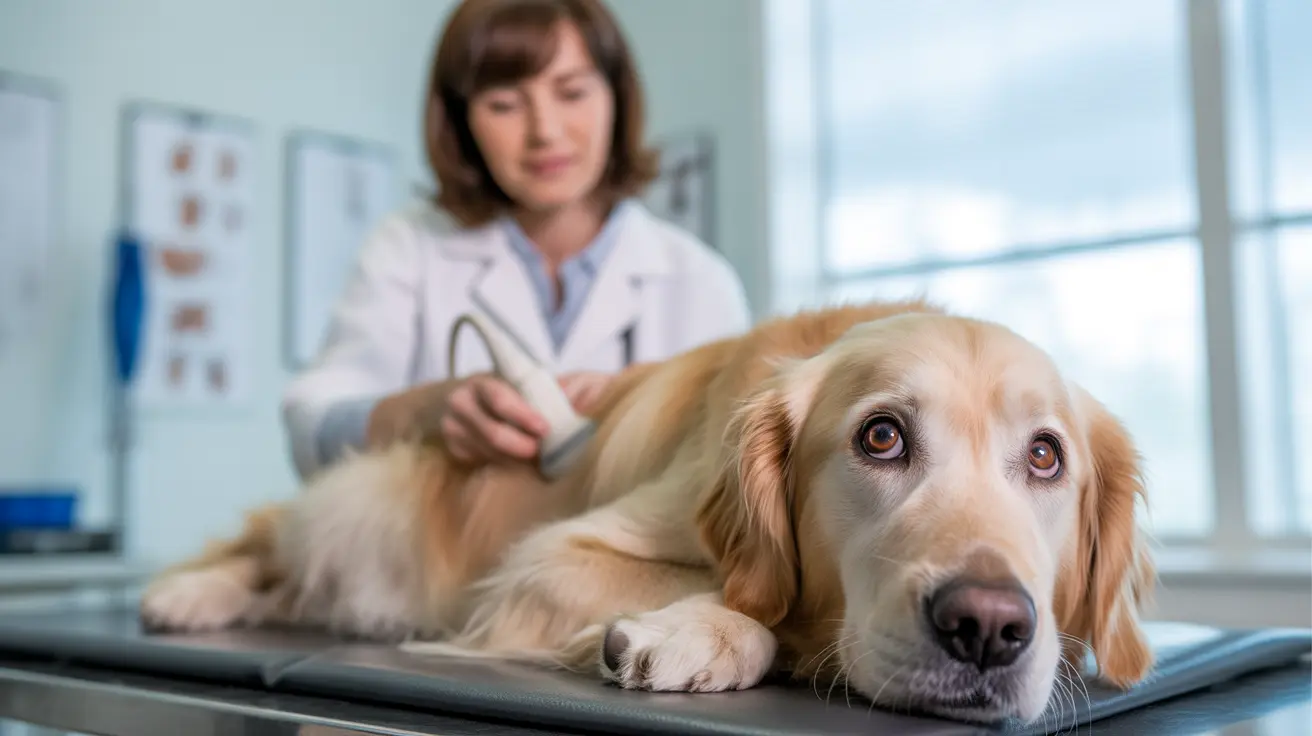 A Golden Retriever receiving medical examination from a veterinarian in a clinical setting
