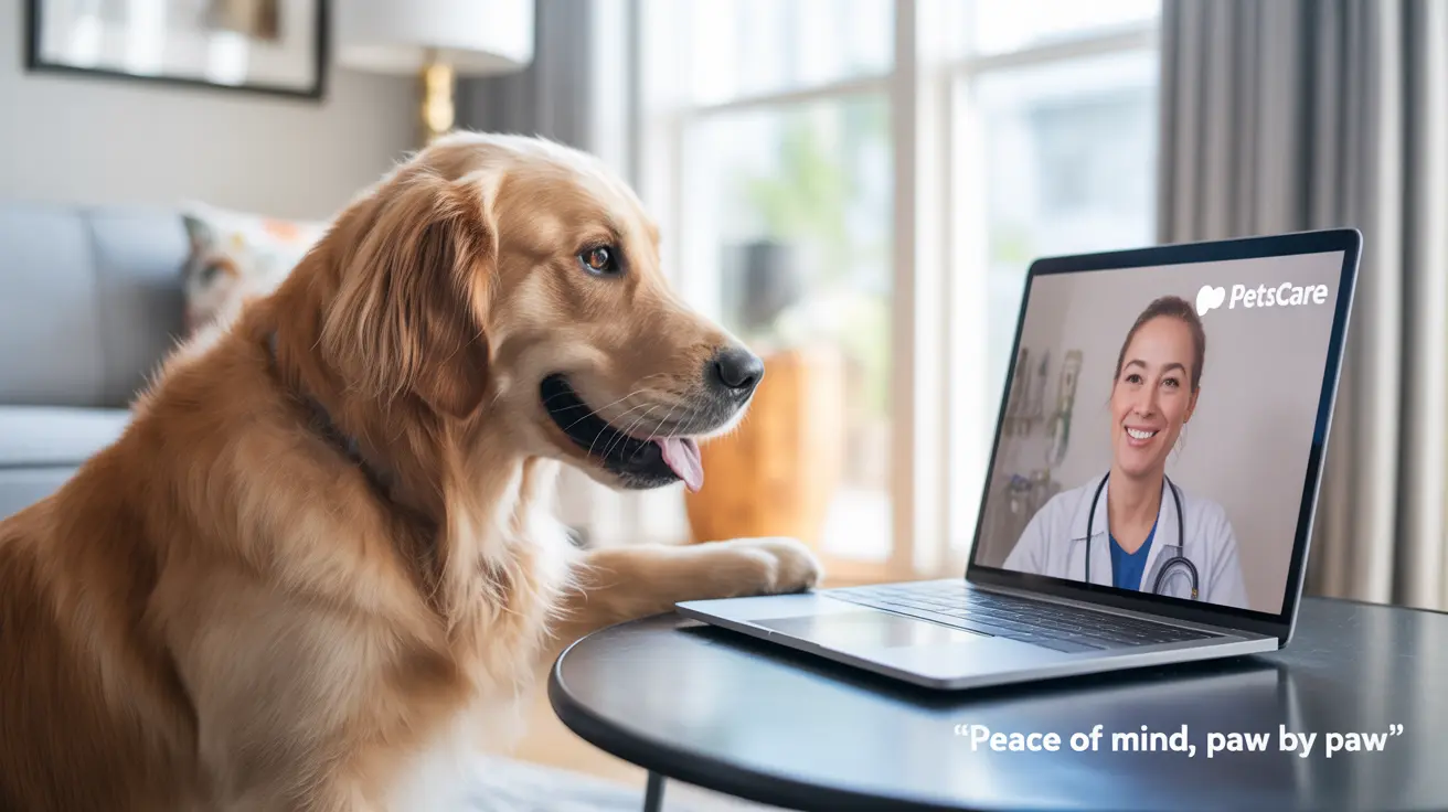 A Golden Retriever having a virtual veterinary consultation on a laptop