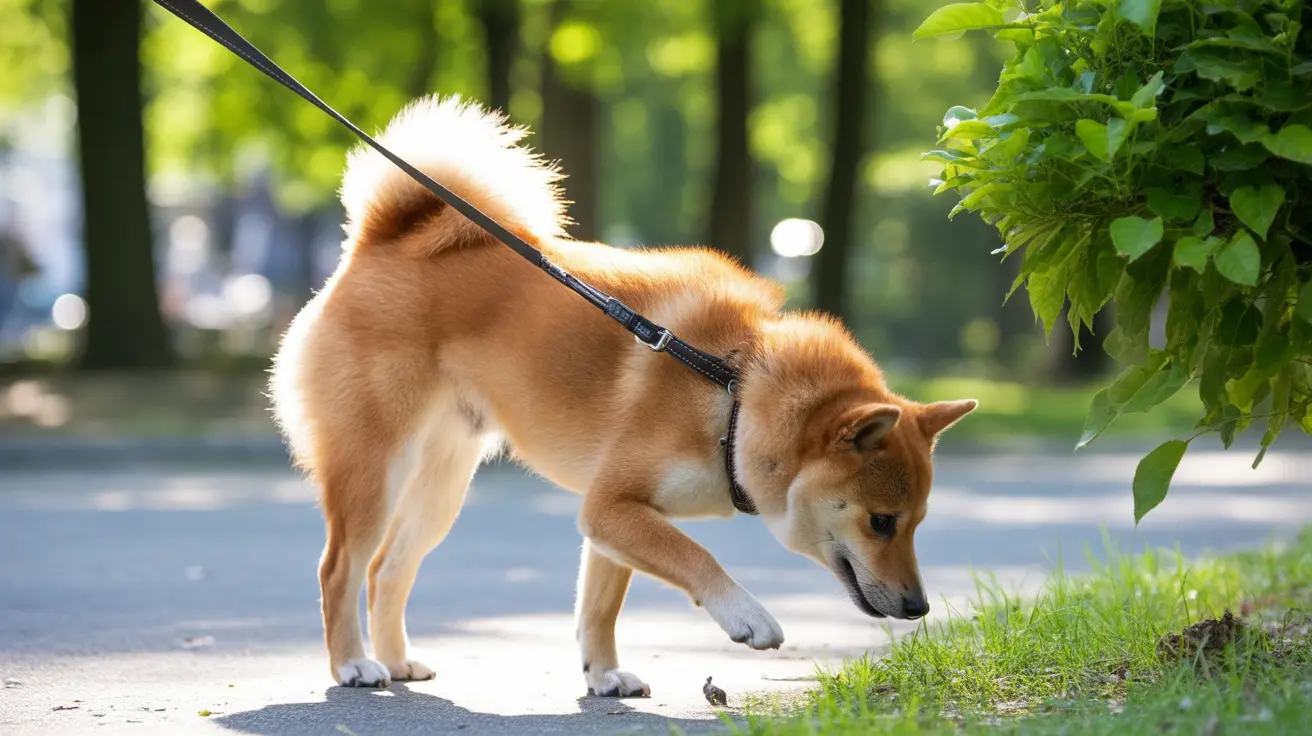 Golden-furred Shiba Inu on leash exploring near green foliage in sunlit park
